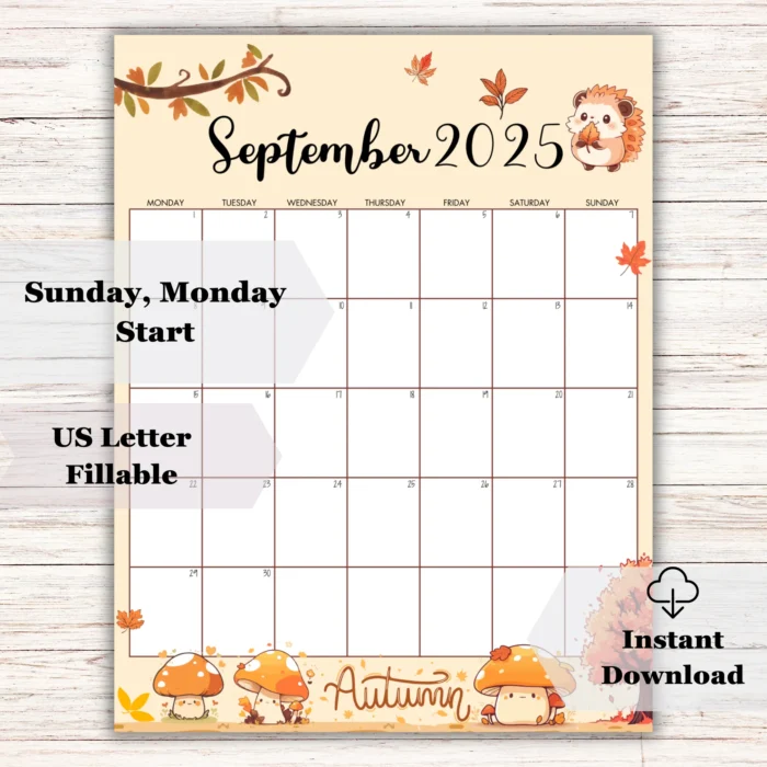 Editable September calendar with autumn illustrations and instant download badge