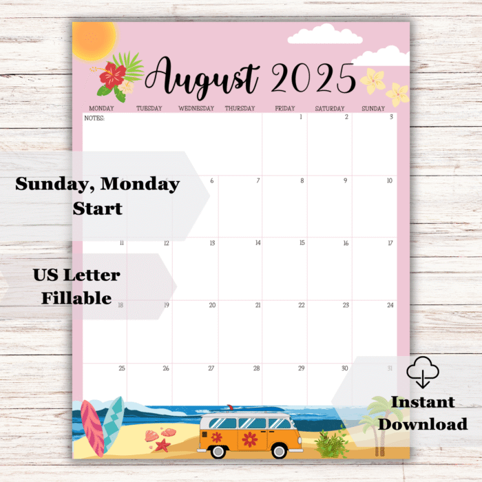 August 2025 Fillable Calendar PDF â€“ Instant Download, Monday and Sunday start