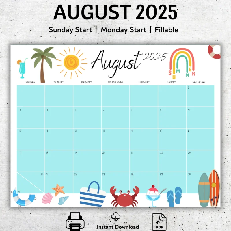 Summer Theme August Calendar 2025