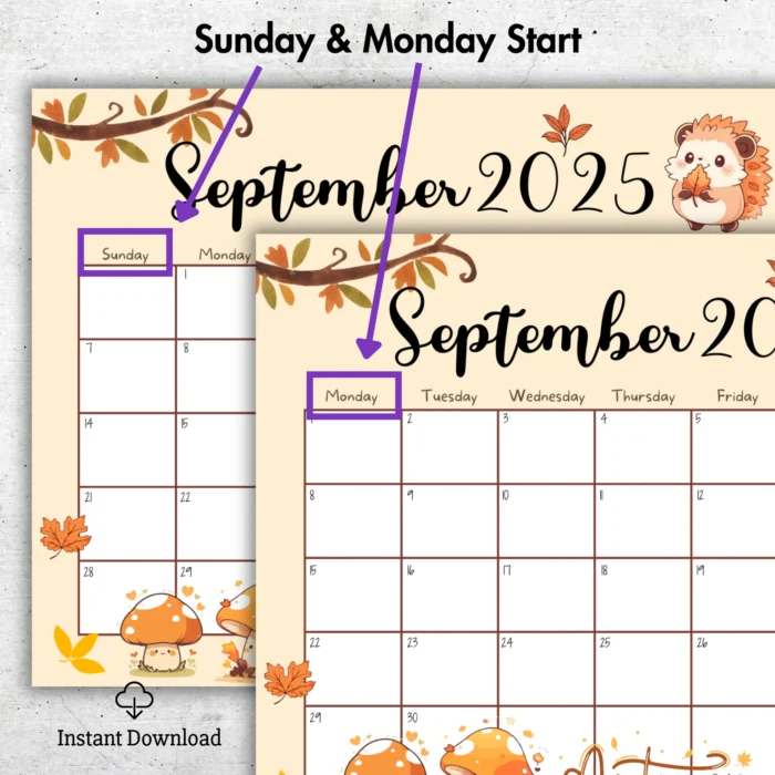 Printable September 2025 Calendar with Autumn Theme â€“ cute hedgehog, mushrooms, and fallÂ leavesÂ design