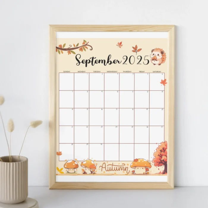 Framed September 2025 calendar with fall-themed drawings, perfect for home or classroom decor