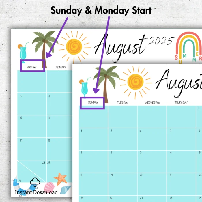 Side-by-side view of August 2025 calendar with Sunday and Monday start options