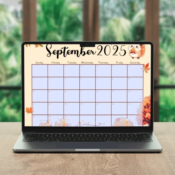 Printable September 2025 Calendar with Autumn Theme â€“ cute hedgehog, mushrooms, and fallÂ leavesÂ design