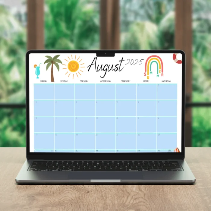 igital August 2025 calendar open on laptop screen with summer design