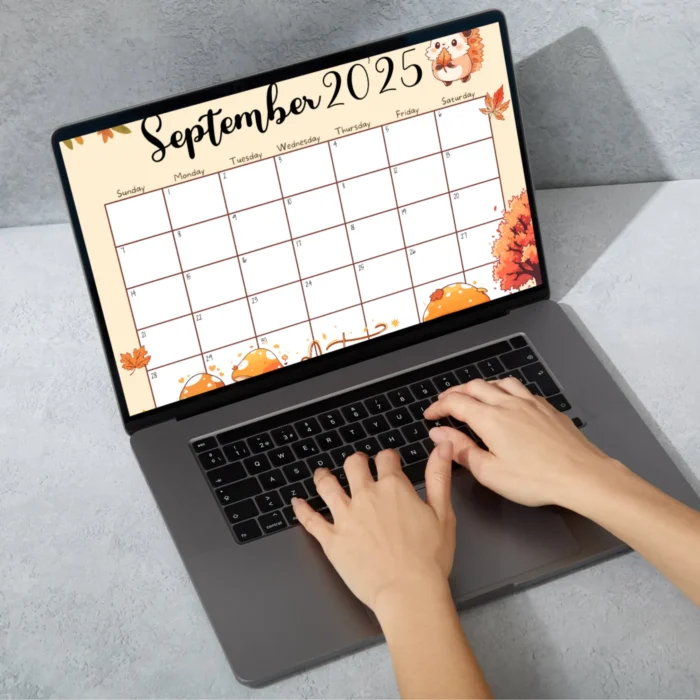 Printable September 2025 Calendar with Autumn Theme â€“ cute hedgehog, mushrooms, and fallÂ leavesÂ design