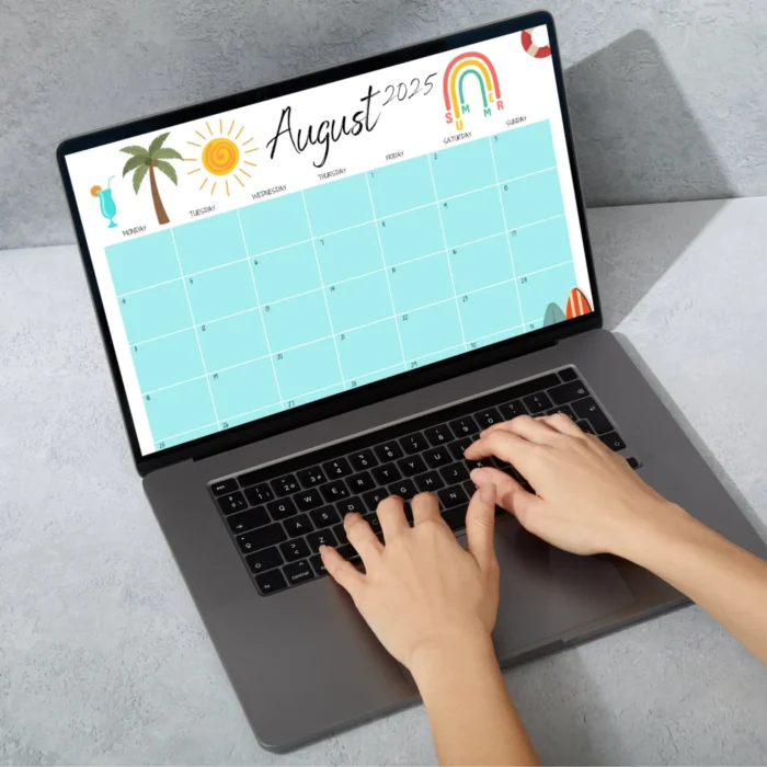 Person typing on August 2025 fillable calendar on laptop