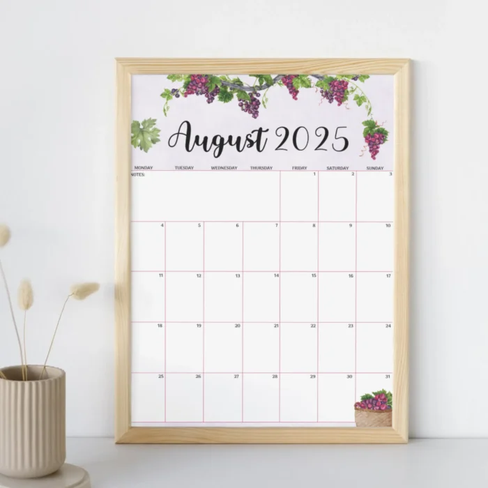 Printable grape theme wall calendar for August 2025