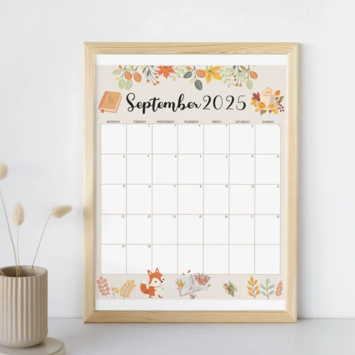 Academic calendar September 2025 framed on wall â€“ cozy fall style