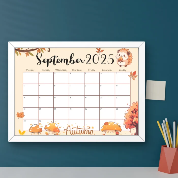 Printable September 2025 Calendar with Autumn Theme â€“ cute hedgehog, mushrooms, and fallÂ leavesÂ design