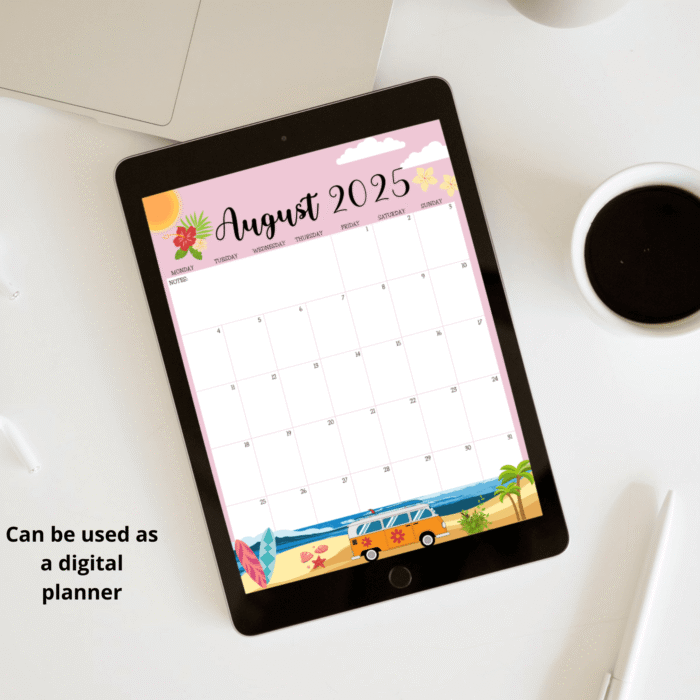 August 2025 Printable Calendar displayed on a tablet, ideal for digital planning