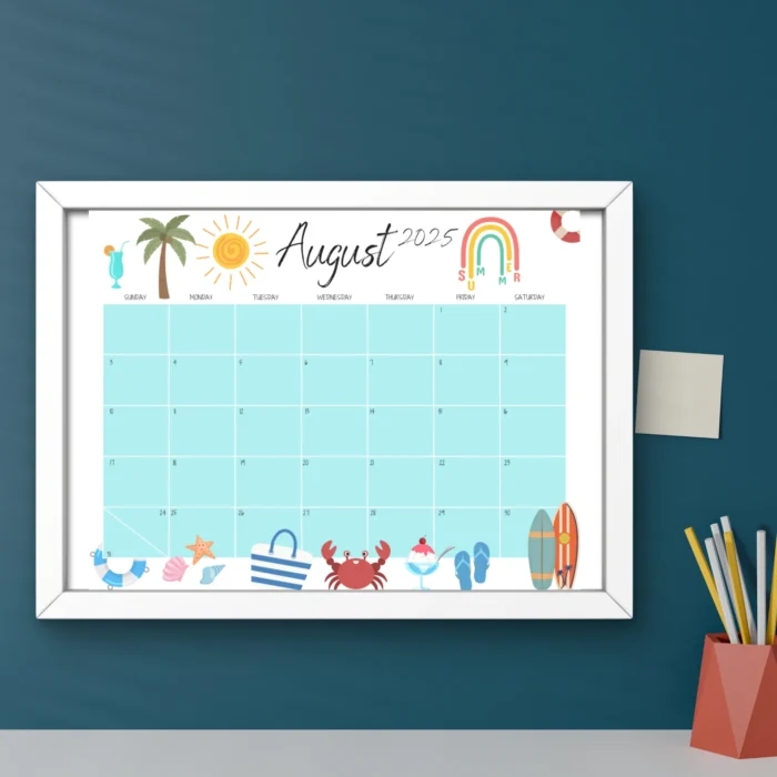 August 2025 printable calendar framed on wall with beach theme