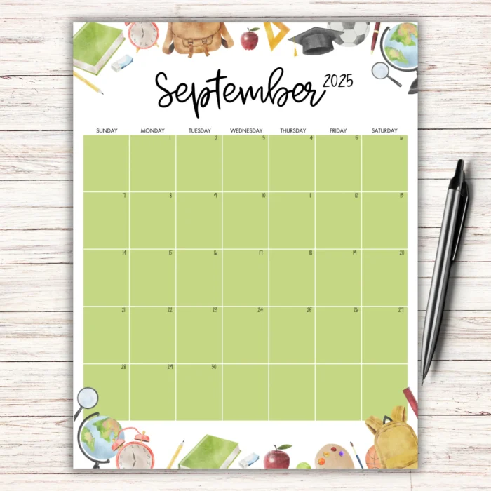 Academic Calendar 2025 September with green grid and school-themed illustrations on wood background