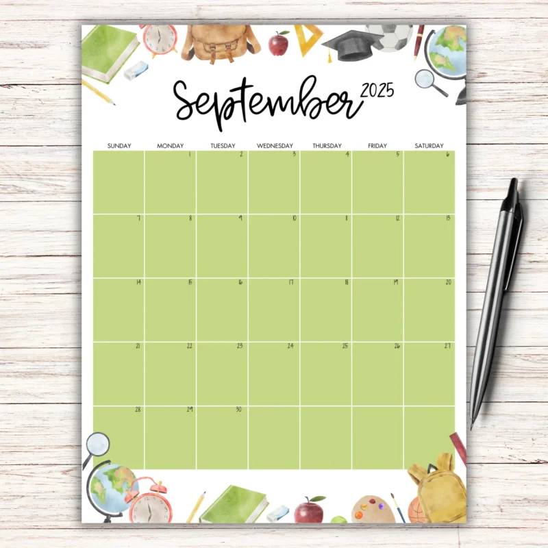 Academic Calendar 2025 September with green grid and school-themed illustrations on wood background