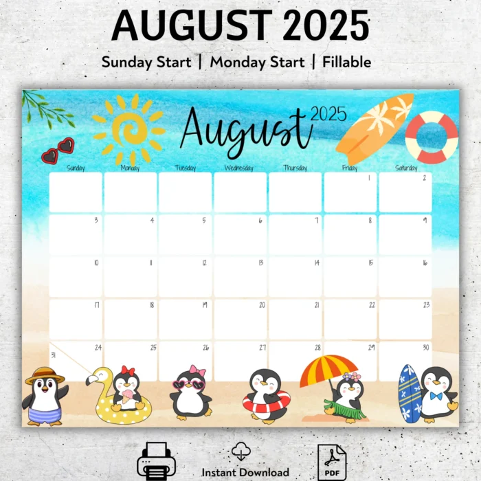 August 2025 calendar printable with cute penguins on the beach â€“ fillable PDF