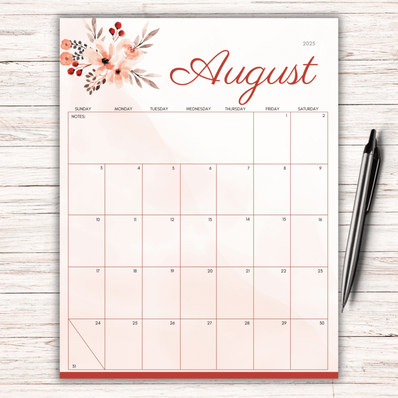Elegant August 2025 Calendar with Floral Design â€“ Sunday Start