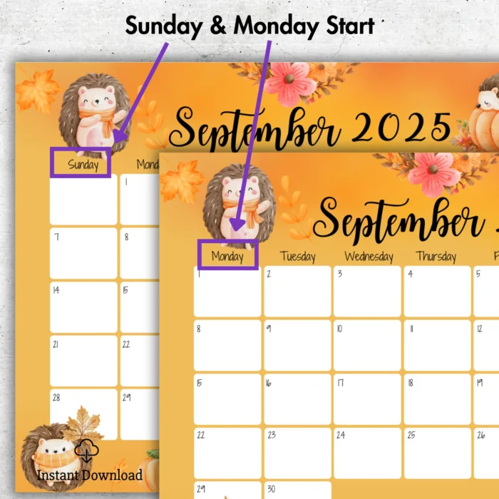 September 2025 printable calendar with cute hedgehog and fall leaves, fillable PDF in US Letter size with Sunday andÂ MondayÂ start.