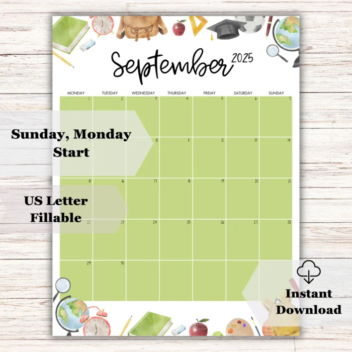 Editable academic calendar with Sunday and Monday start options and instant download badge