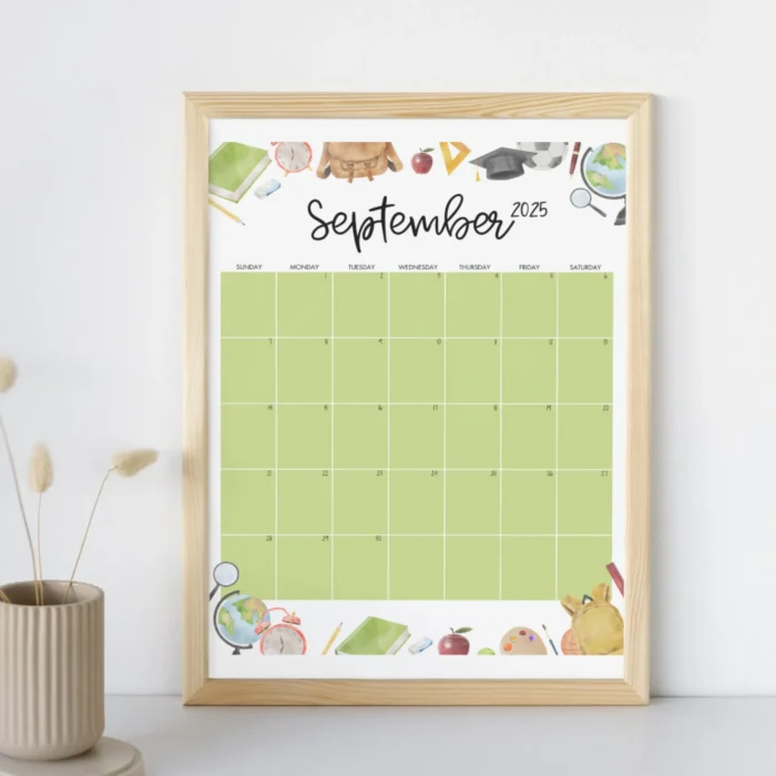 Framed September 2025 academic calendar with student icons and education elements