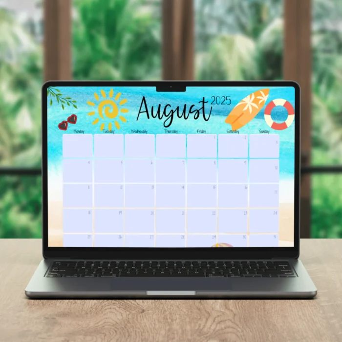 August 2025 calendar PDF displayed on laptop screen â€“ digital planner friendly