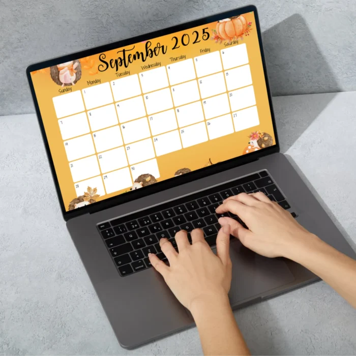 September 2025 printable calendar with cute hedgehog and fall leaves, fillable PDF in US Letter size with Sunday andÂ MondayÂ start.