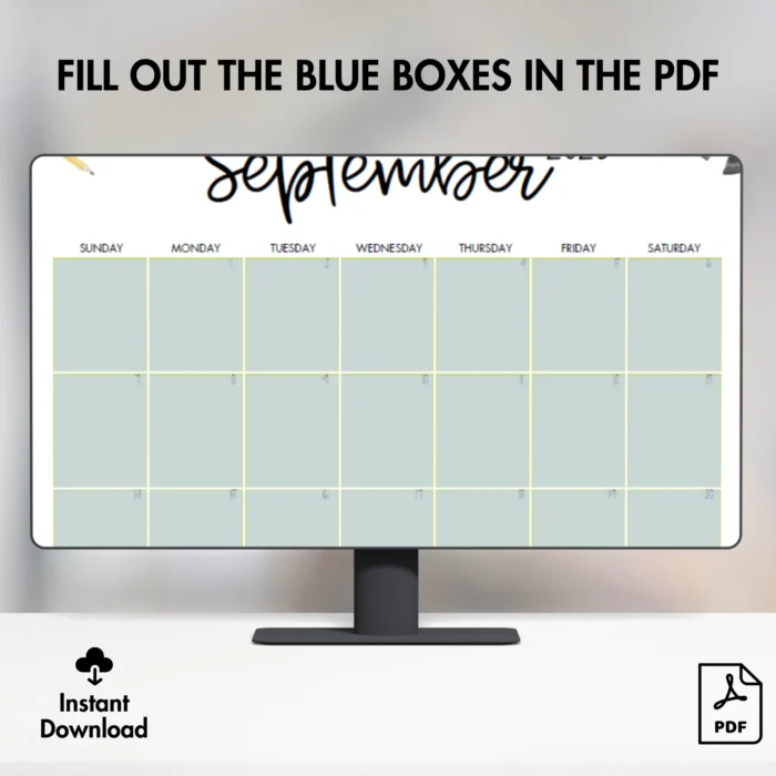 Fillable September calendar with blue-highlighted editable boxes shown on a computer screen