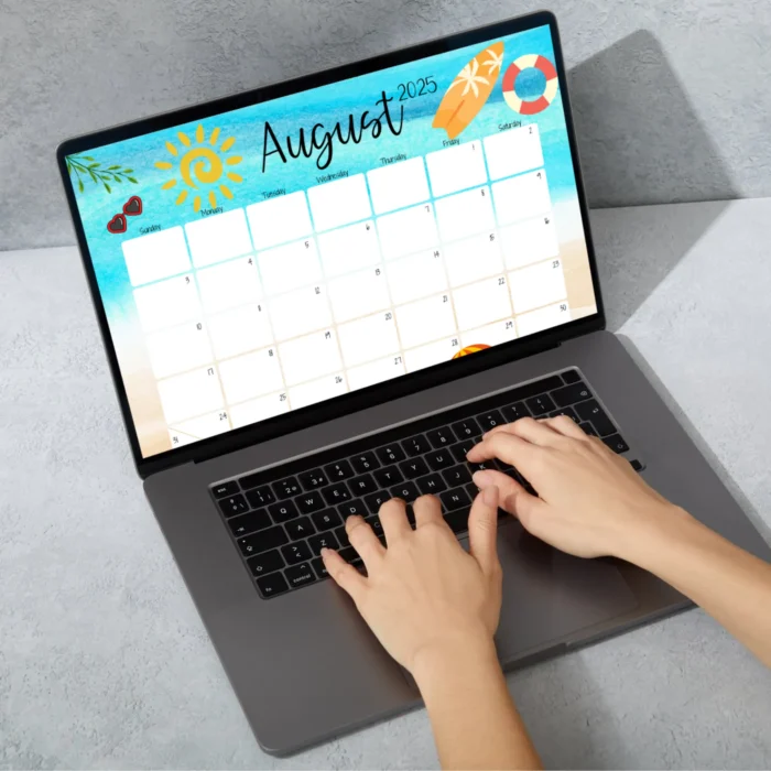 Person typing into a fillable August 2025 calendar on laptop