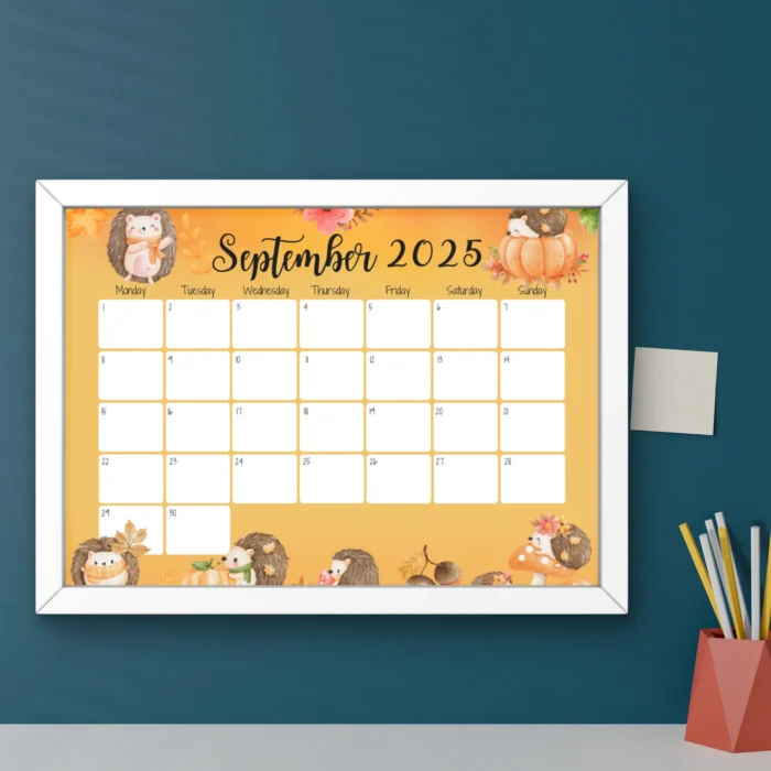 September 2025 printable calendar with cute hedgehog and fall leaves, fillable PDF in US Letter size with Sunday andÂ MondayÂ start.