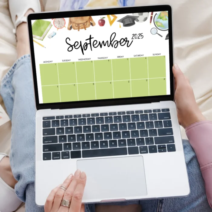 Academic calendar viewed on a laptop with green layout and school-related illustrations