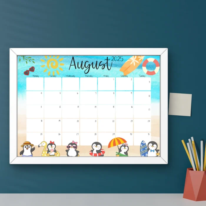 August 2025 penguin-themed calendar in a white frame on the wall
