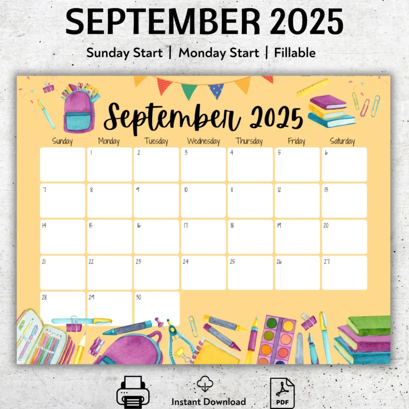 September 2025 School Calendar with colorful supplies and editable date boxes â€“ Monday start format shownÂ inÂ whiteÂ frame.