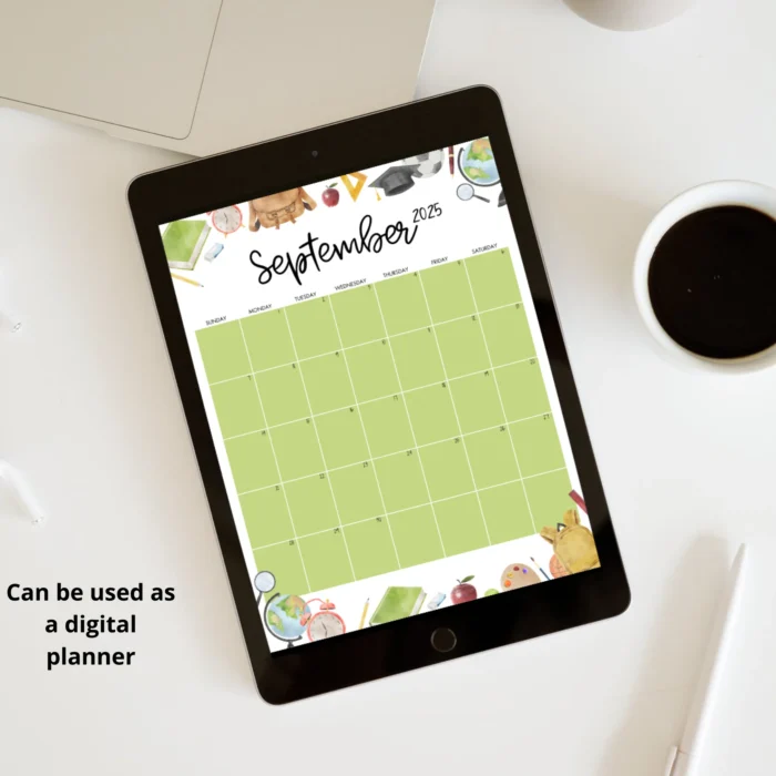 School-themed September calendar displayed on a tablet, ideal for digitalÂ planning