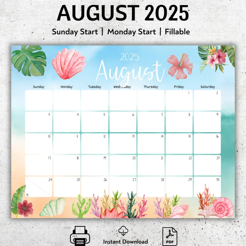 August 2025 floral calendar with Sunday start, watercolor summer theme