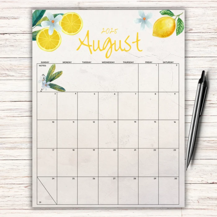 Lemon Themed August 2025 Calendar with citrus and floral design.