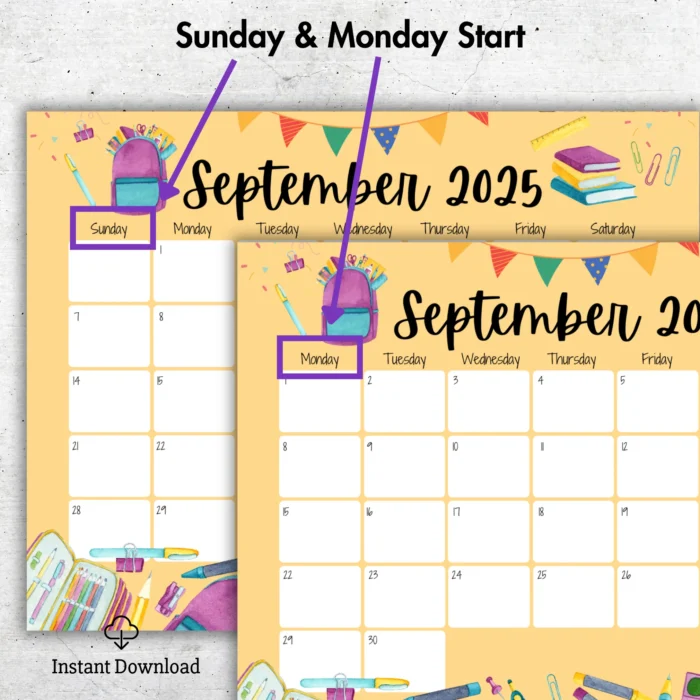 September 2025 fillable school-themed calendar with colorful supplies and editable date boxes â€“ Monday start format shownÂ inÂ whiteÂ frame.