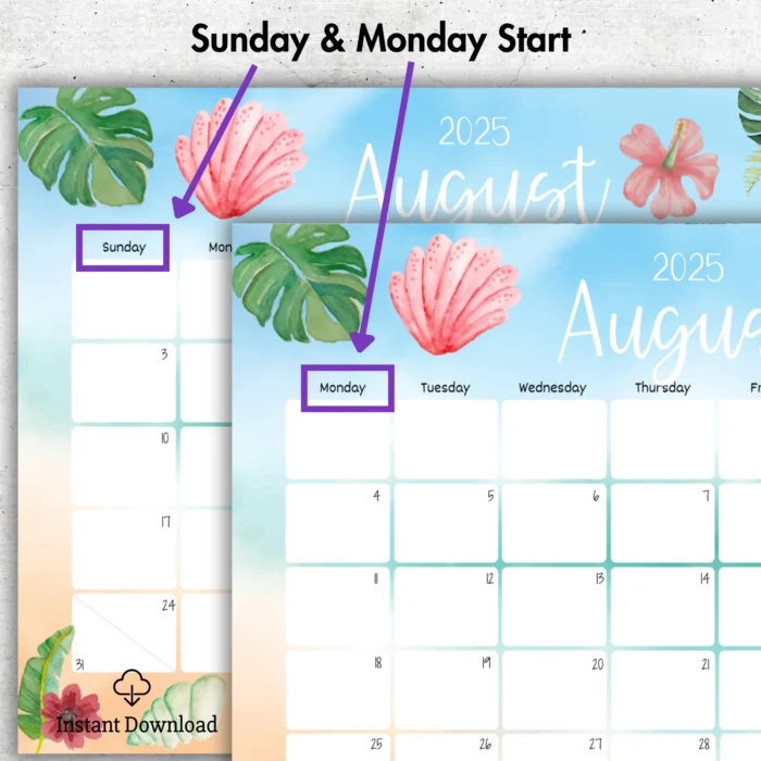 Side-by-side view of Sunday and Monday start calendar versions