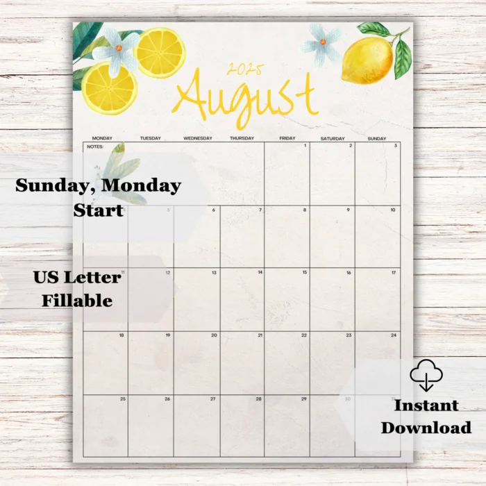 Editable monthly calendar â€“ Sunday or Monday start layout shown.