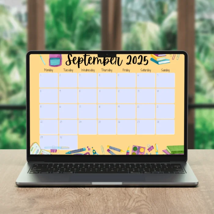 September 2025 fillable school-themed calendar with colorful supplies and editable date boxes â€“ Monday start format shownÂ inÂ whiteÂ frame.