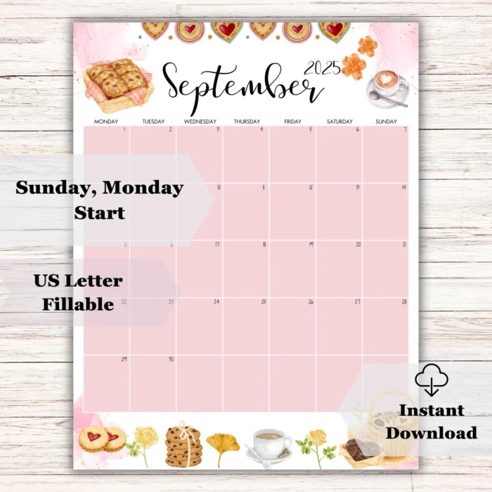 Printable September 2025 Calendar with Cookie and Coffee Theme â€“ Sunday Start