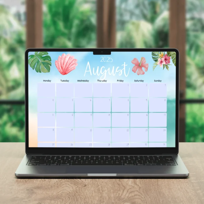 Digital version of the August 2025 calendar on a laptop screen