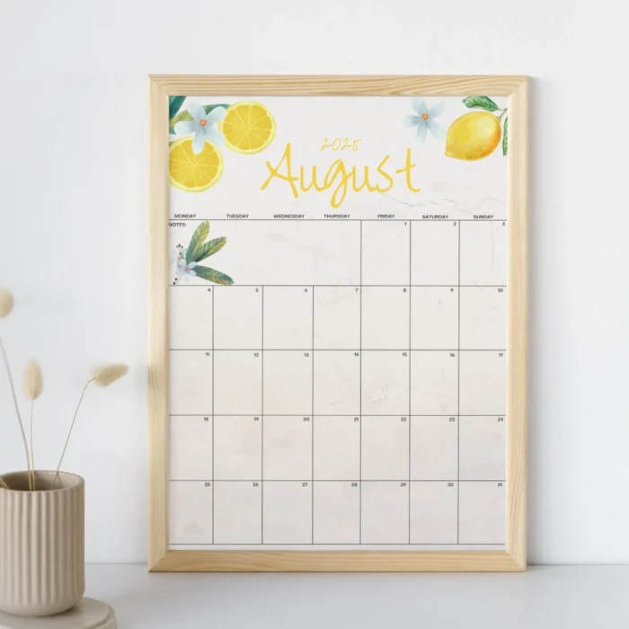 Lemon design August calendar displayed in wooden frame.
