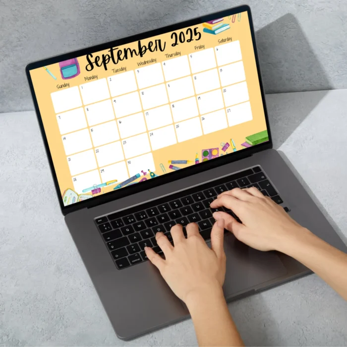 September 2025 fillable school-themed calendar with colorful supplies and editable date boxes â€“ Monday start format shownÂ inÂ whiteÂ frame.