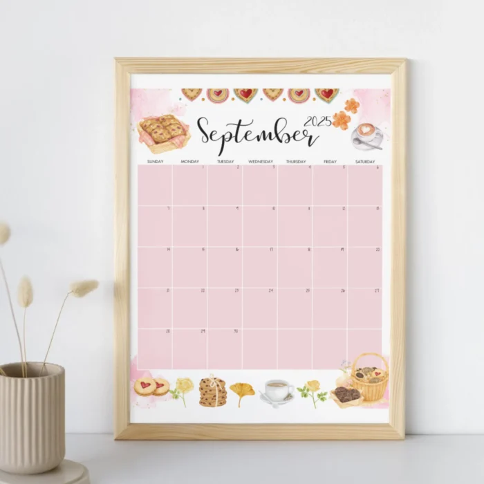 Framed Cookie Theme September 2025 Calendar for Wall Display