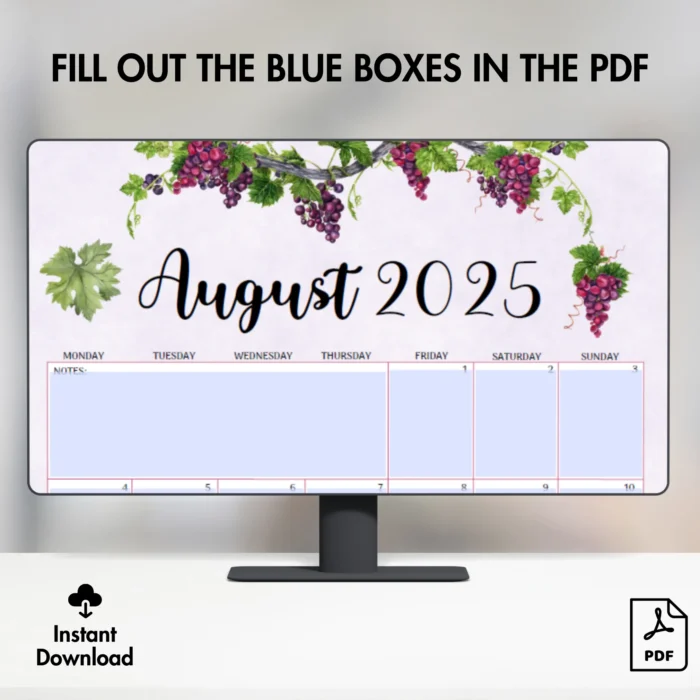 Fillable August 2025 calendar â€“ US Letter PDF format