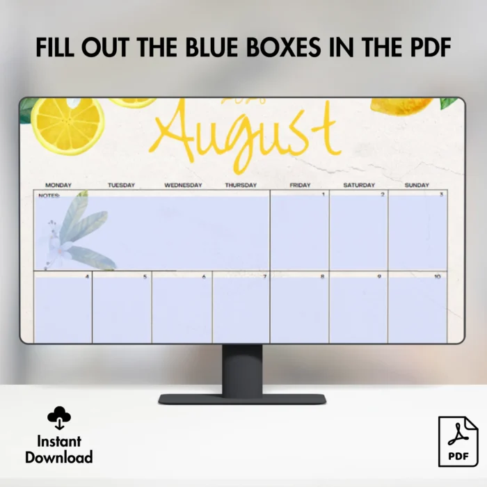 Blue fields on fillable calendar PDF shown on screen.