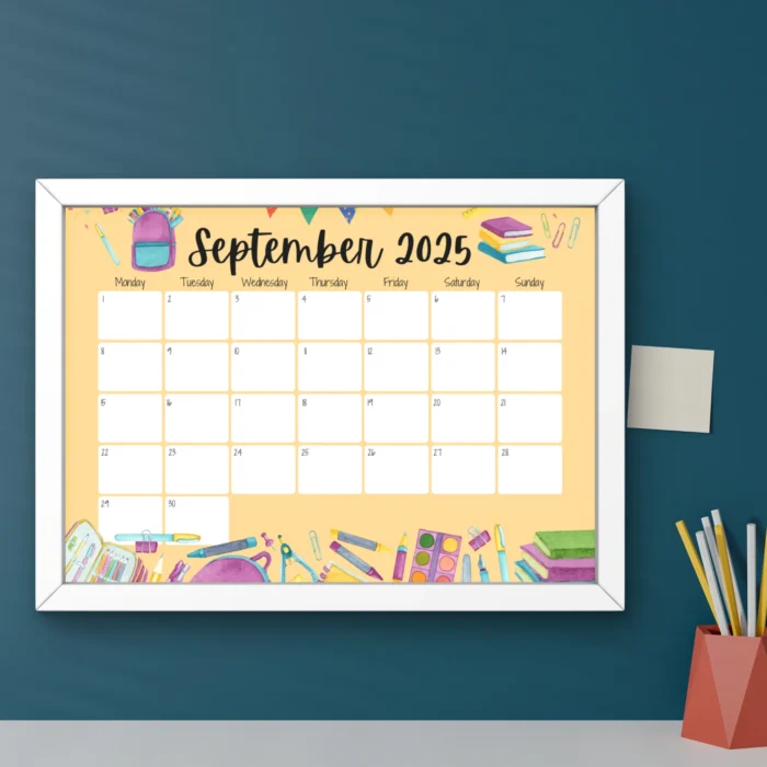 September 2025 fillable school-themed calendar with colorful supplies and editable date boxes â€“ Monday start format shownÂ inÂ whiteÂ frame.