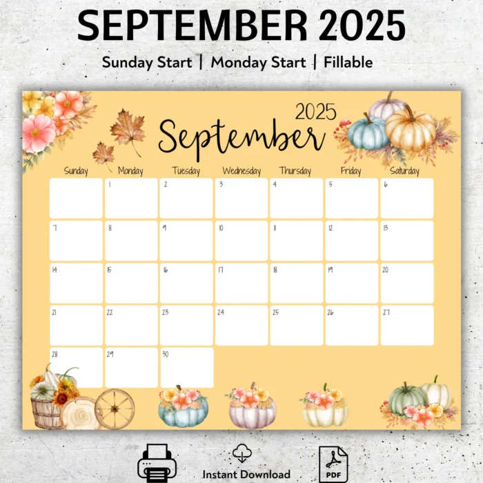 Pumpkin Style September 2025 Calendar â€“ Fall-themed fillable PDF with watercolorÂ pumpkins