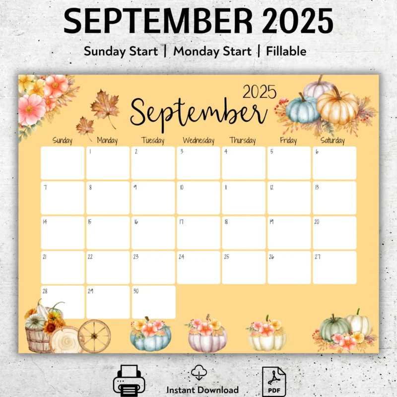 Pumpkin Style September 2025 Calendar â€“ Fall-themed fillable PDF with watercolorÂ pumpkins