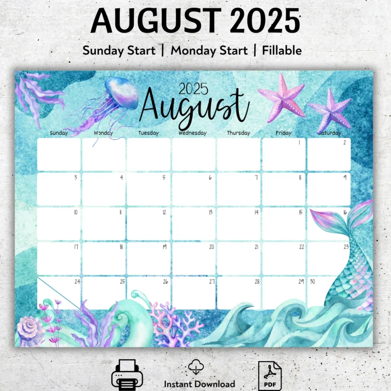 August 2025 mermaid calendar with ocean theme, jellyfish, and coral illustrations