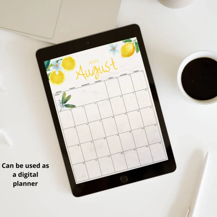 Lemon themed August 2025 calendar on digital tablet â€“ fillable PDF version.