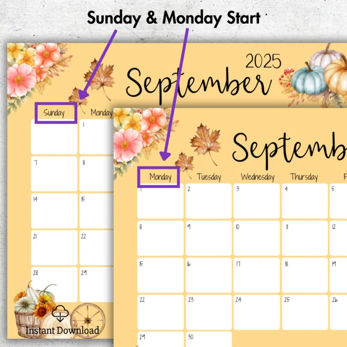 Pumpkin Style September 2025 Calendar â€“ Fall-themed fillable PDF with watercolorÂ pumpkins
